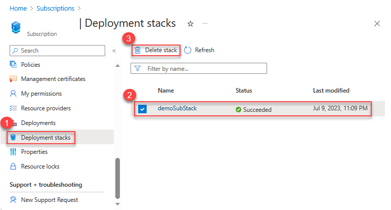 Screenshot dell'eliminazione di stack di distribuzione nell'ambito della sottoscrizione.