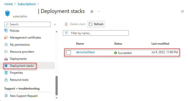 Screenshot dell'elenco degli stack di distribuzione nell'ambito della sottoscrizione.