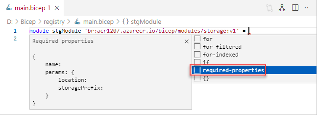 Proprietà obbligatorie dell'estensione Bicep di Visual Studio Code