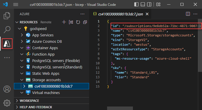 Screenshot dell'estensione Risorse di Azure di Visual Studio Code.