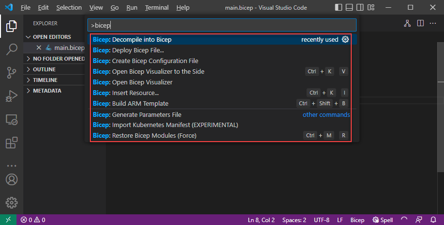 Screenshot dei comandi Bicep di Visual Studio Code nel riquadro comandi.