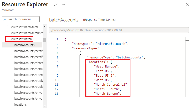 Screenshot della visualizzazione di percorsi validi per un tipo di risorsa in Azure Resource Explorer.