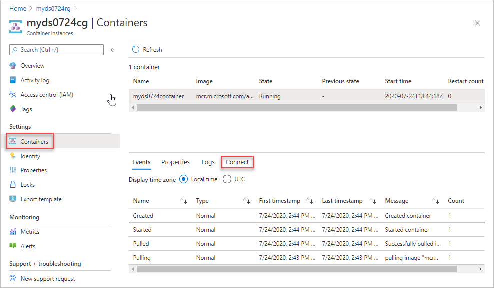 Screenshot dell'opzione di connessione dell'istanza del contenitore dello script di distribuzione nella portale di Azure.