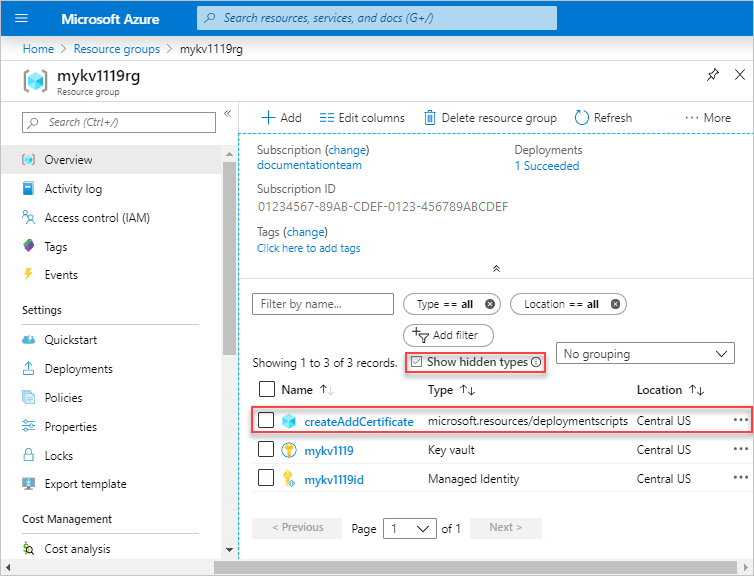 Screenshot dello script di distribuzione del modello di Resource Manager con l'opzione Mostra tipi nascosti nel portale.