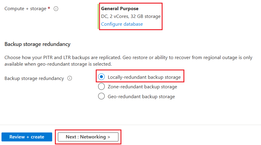 Screenshot del portale di Azure, che mostra Configura database della serie DC - Dati principali.