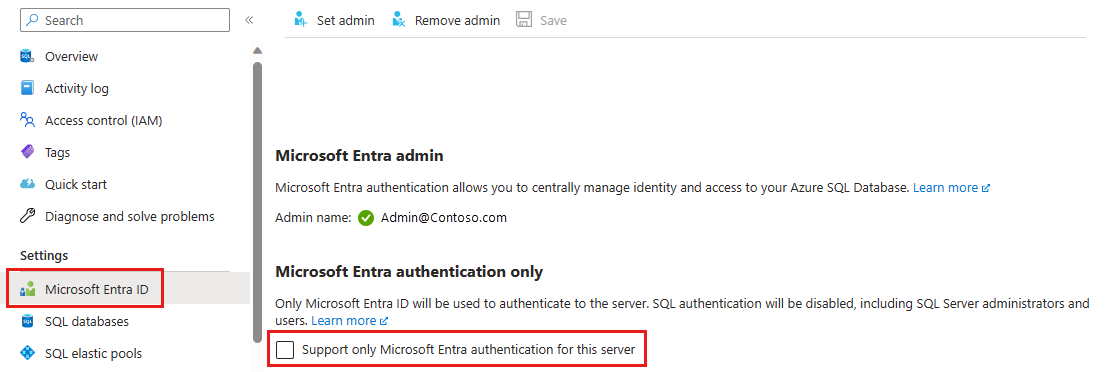 Screenshot che mostra l'opzione per supportare la sola autenticazione di Microsoft Entra per il server.