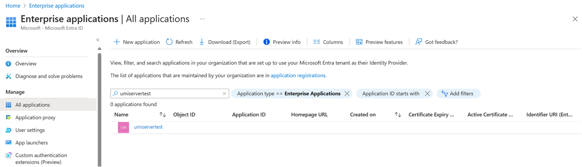 Screenshot che mostra le impostazioni dell’applicazione aziendale nel portale di Azure.