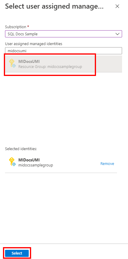 Screenshot del portale di Azure relativo all'identità gestita assegnata dall'utente durante la configurazione dell'identità del server