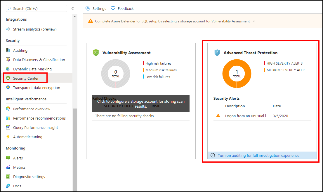 Advanced Threat Protection in Defender per SQL