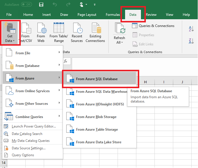 Selezione dell'origine dati: connettere Excel al database SQL.