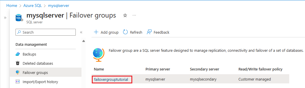 Screenshot che mostra i gruppi di failover in cui è possibile selezionare un gruppo di failover per SQL Server.