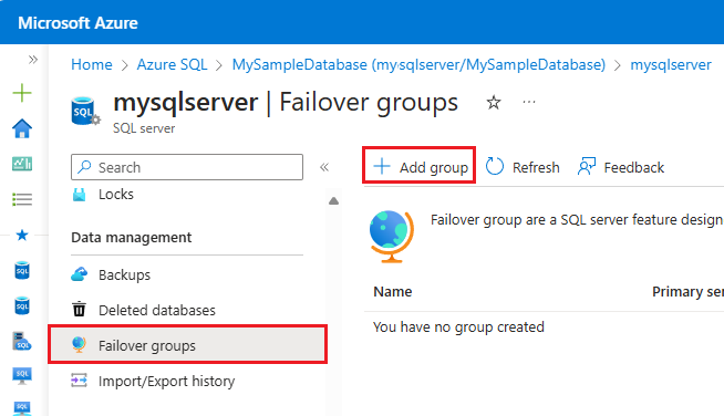 Screenshot che evidenzia l'opzione Aggiungi nuovo gruppo di failover nella pagina gruppi di failover nel portale di Azure.