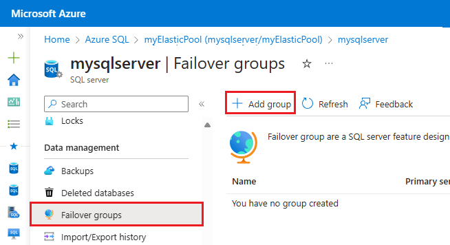 Screenshot della pagina Gruppi di failover nel portale di Azure.