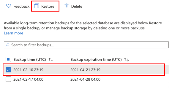 Screenshot del portale di Azure in cui è possibile eseguire il ripristino dal backup di conservazione a lungo termine disponibile.