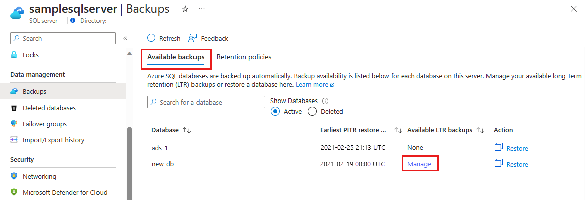 Screenshot del portale di Azure che mostra i backup disponibili.