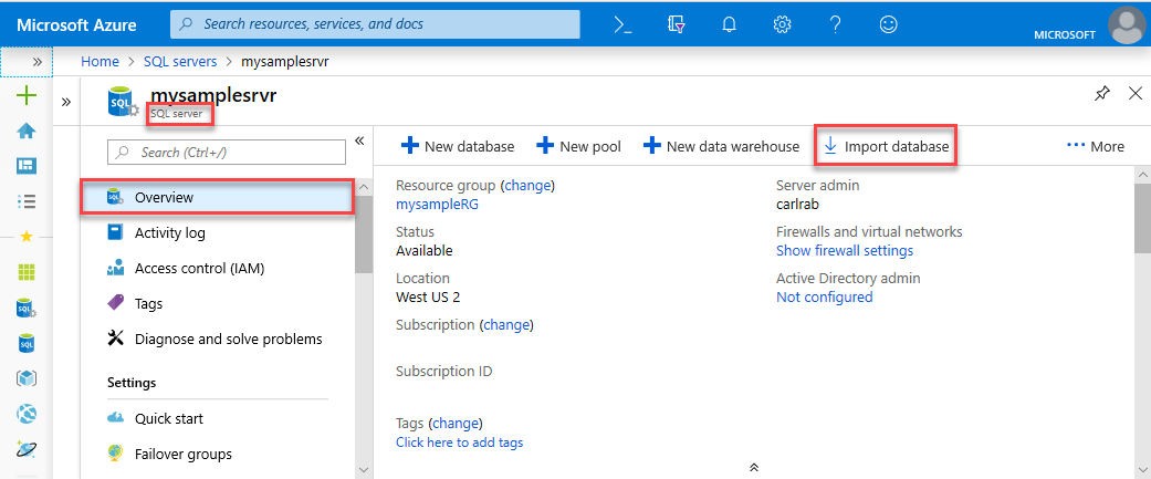 importazione di database