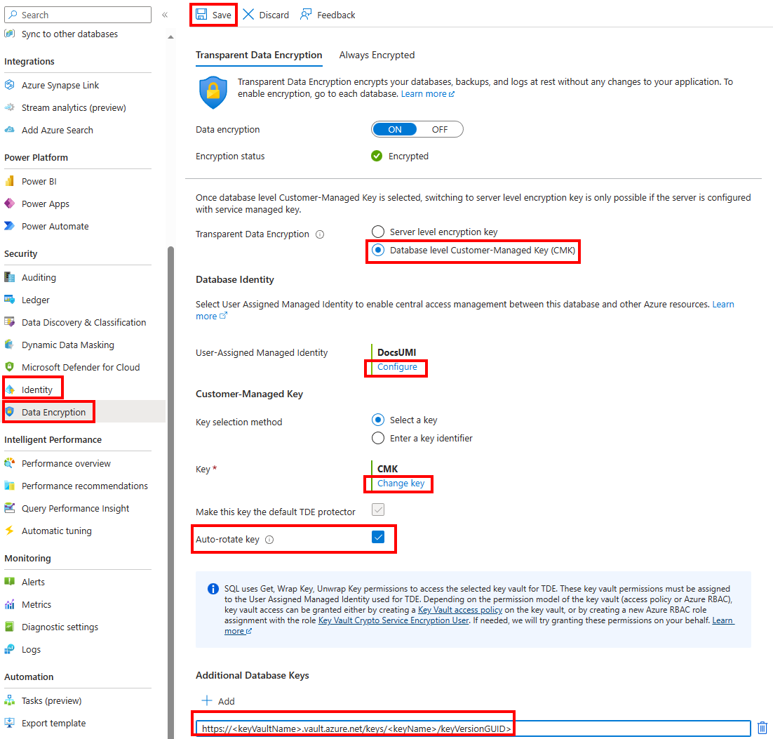 Screenshot del menu Transparent Data Encryption nel portale di Azure durante l’aggiornamento del database esistente.