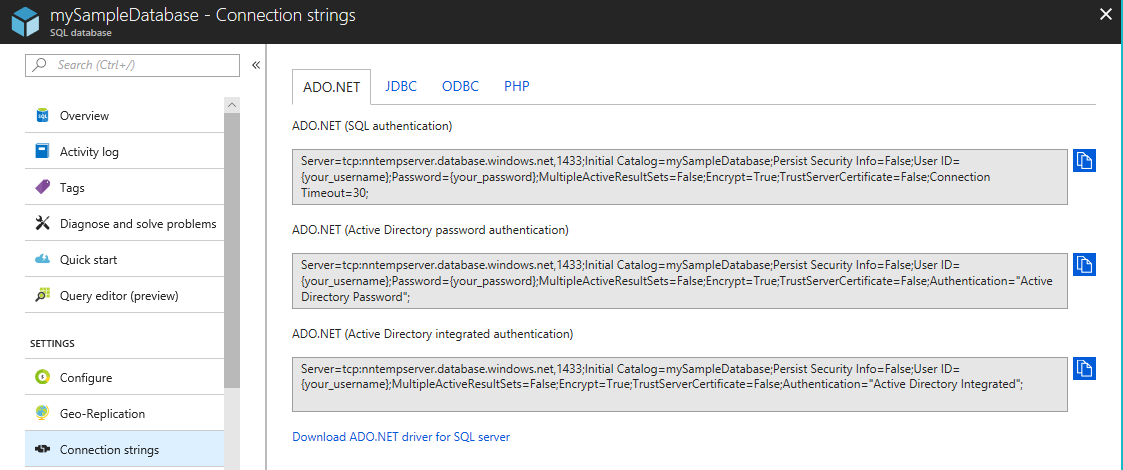 Copiare la stringa di connessione ADO per il database