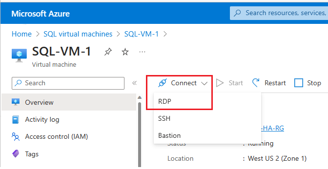 Connettersi alla VM nel portale