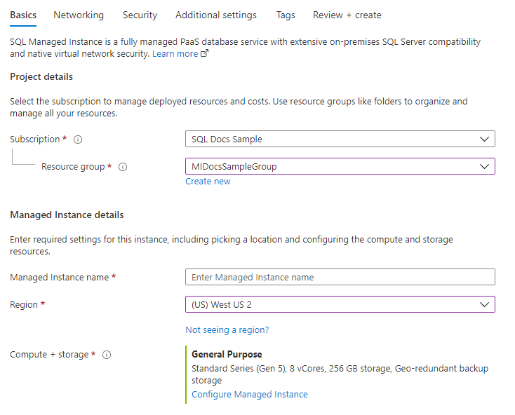 Screenshot del portale di Azure sulla creazione della scheda di base Istanza gestita di SQL