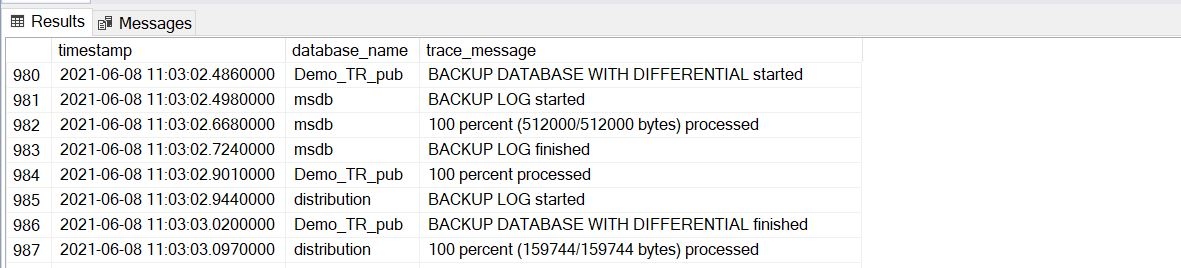 Output XEvent che mostra i backup differenziali