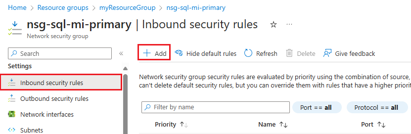 Screenshot dell'aggiunta di regole di sicurezza in ingresso per il gruppo di sicurezza di rete nel portale di Azure.