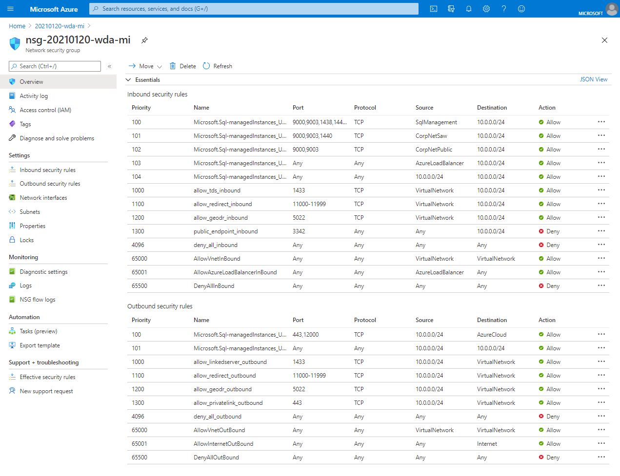 Screenshot delle regole di sicurezza per l'istanza nel portale di Azure.