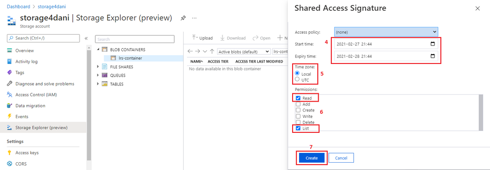 Screenshot che mostra le selezioni per la scadenza del token di firma di accesso condiviso, il fuso orario e le autorizzazioni, insieme al pulsante Crea.