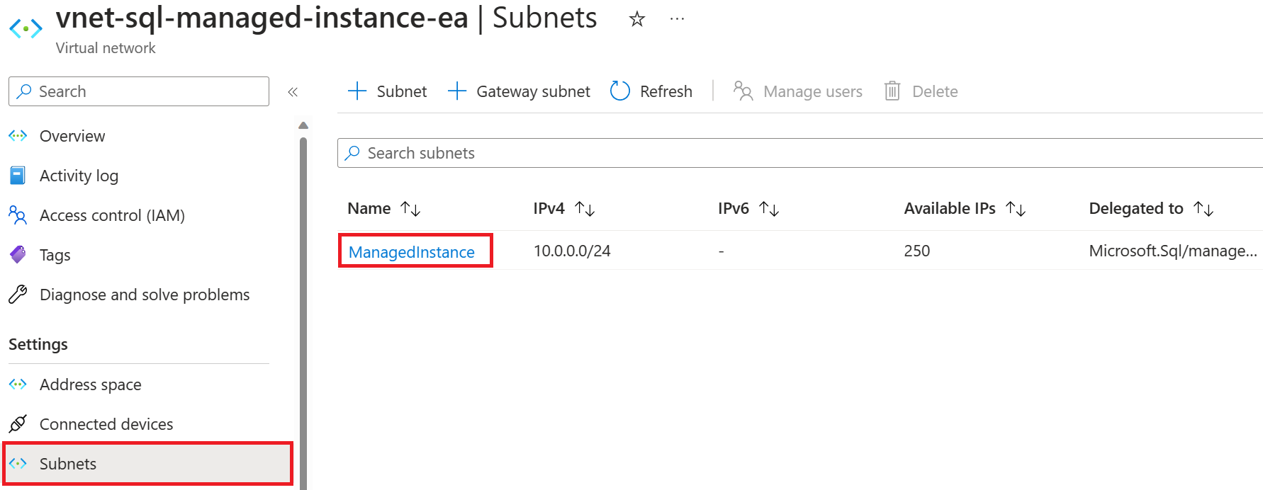 Screenshot della pagina della subnet dell'Istanza gestita di SQL nel portale di Azure, con la subnet selezionata.