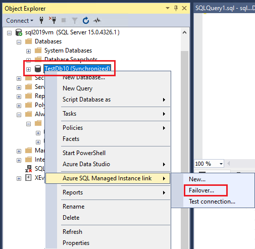 Screenshot che mostra l'opzione del menu contestuale di un database per il failover.