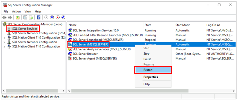 Screenshot che mostra la chiamata al comando di riavvio di SQL Server.