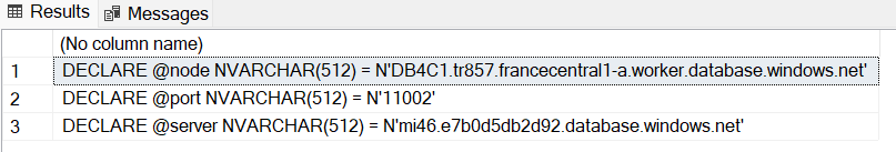 Screenshot che mostra l'output dello script che genera i valori dei parametri per il test della connettività in SSMS.