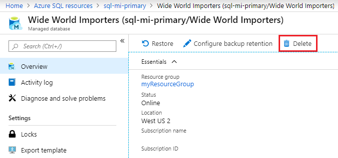 Screenshot che mostra come eliminare un database utilizzando il portale di Azure.