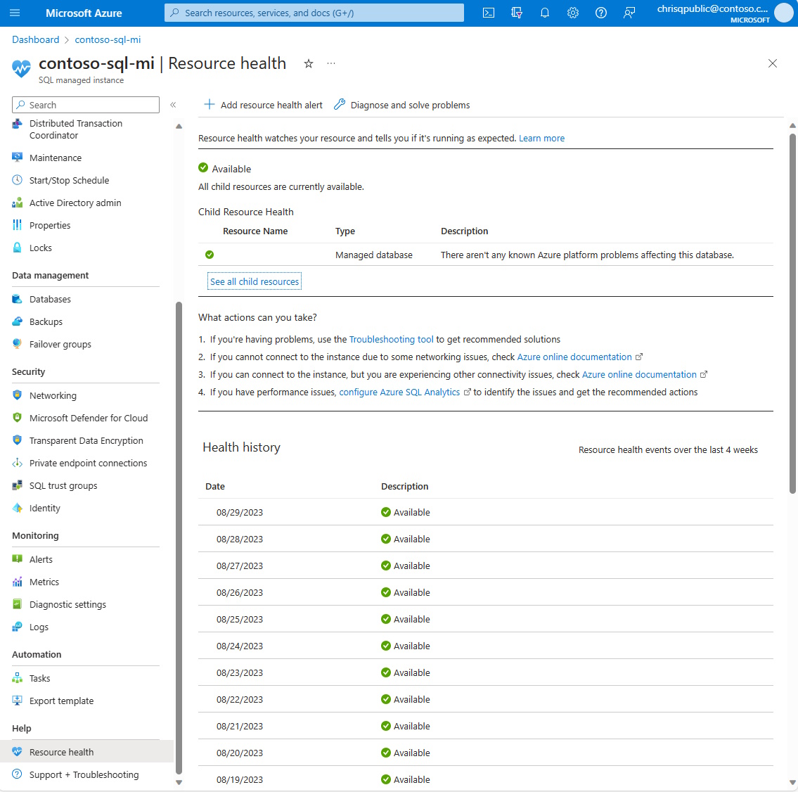 Screenshot del portale di Azure che mostra la pagina Integrità risorse per un Istanza gestita di SQL di Azure.