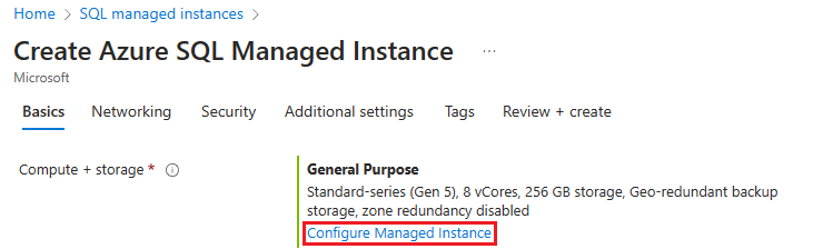 Screenshot della pagina Crea istanza gestita di SQL di Azure del portale di Azure con Configurare istanza gestita selezionato.