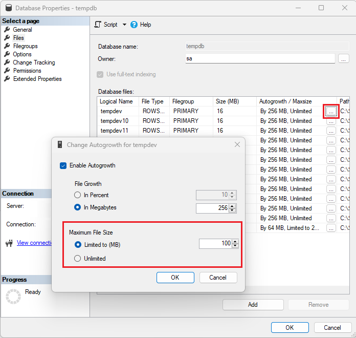 Screenshot della finestra di dialogo modifica aumento automatico in SSMS, con dimensioni massime del file evidenziate. 