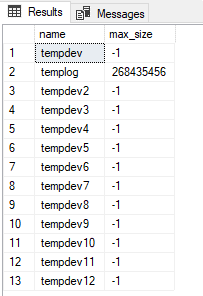 Screenshot della finestra dei risultati della query in SSMS che mostra le dimensioni massime dei file tempdb. 