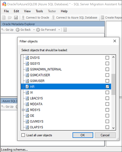 Screenshot che mostra la selezione di uno schema Oracle.