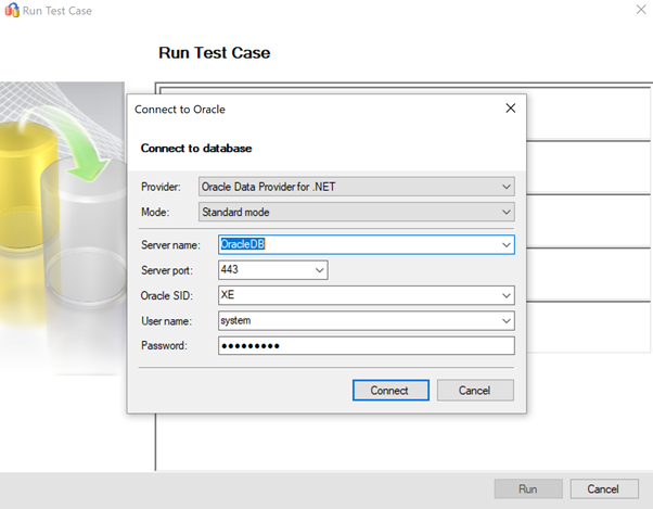 Screenshot che mostra il passaggio per connettersi all'origine Oracle