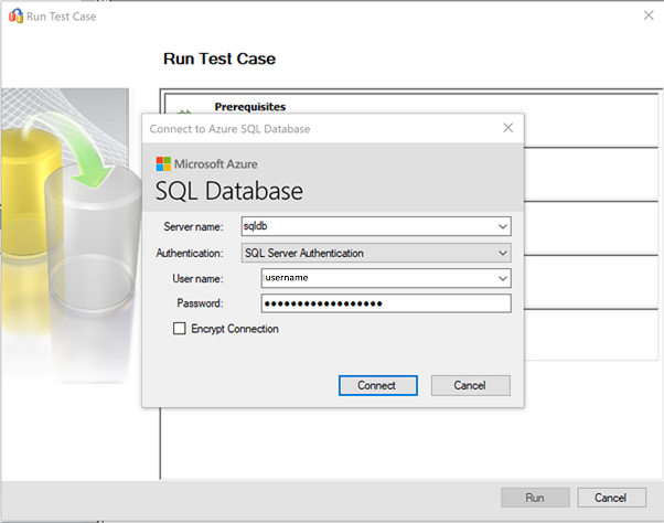 Screenshot che mostra il passaggio per connettersi alla destinazione sql.