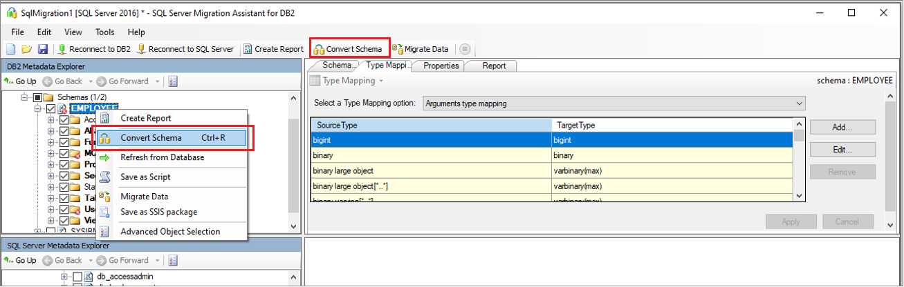 Screenshot che mostra la selezione dello schema e la relativa conversione.