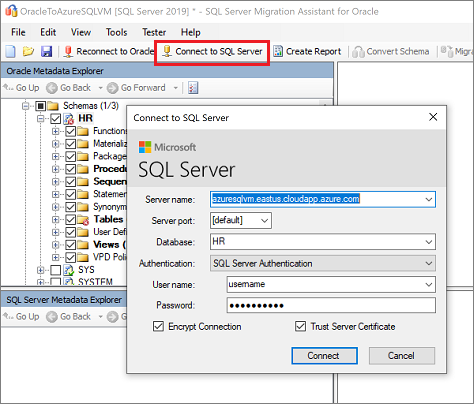 Screenshot che mostra come connettersi a SQL Server.