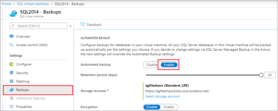 Screenshot del backup automatico di SQL per le macchine virtuali esistenti.