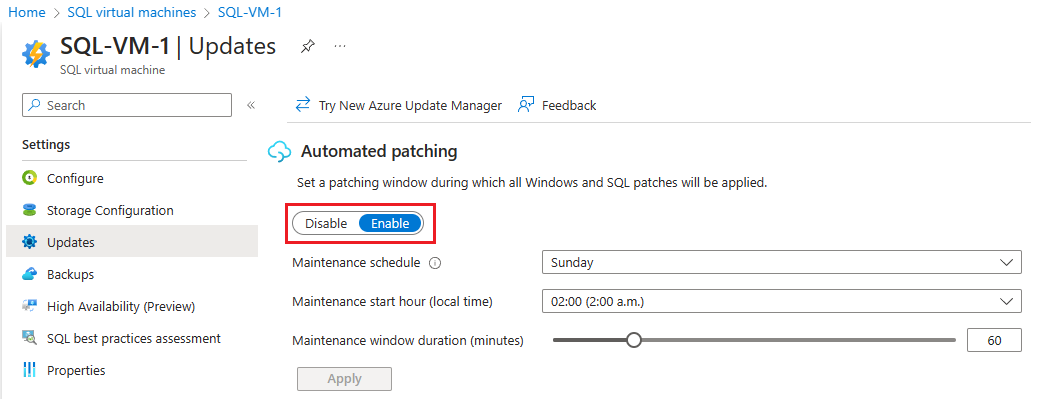 Screenshot dell'applicazione automatica delle patch di SQL per le macchine virtuali esistenti.