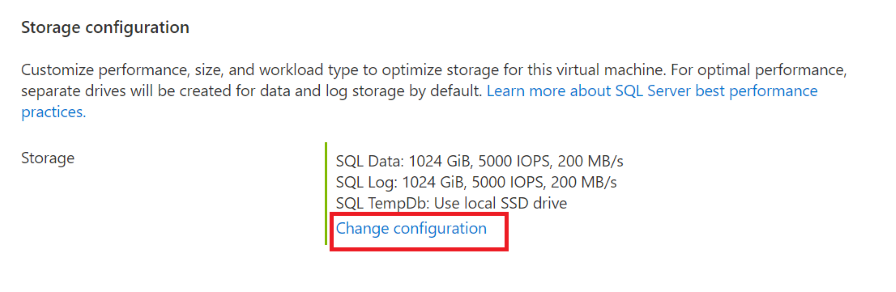 Screenshot del portale di Azure che mostra la configurazione di archiviazione corrente e il pulsante per modificare la configurazione.