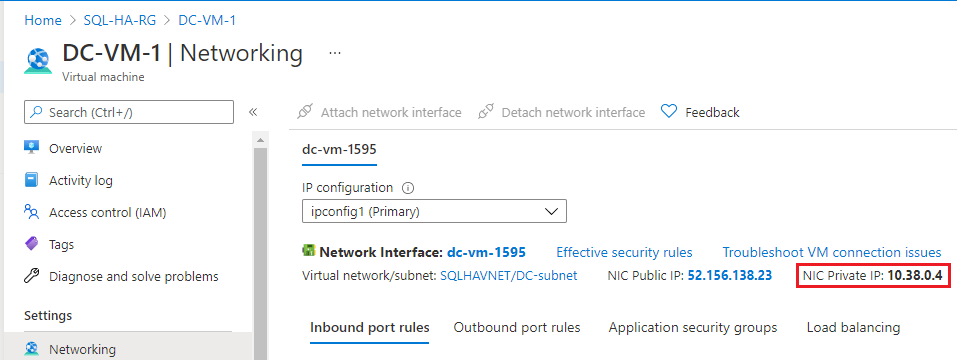 Nella pagina DC-VM-1 scegliere Rete nel riquadro Impostazioni e quindi prendere nota dell'indirizzo IP privato della scheda di interfaccia di rete. Usare questo indirizzo IP come server DNS. 