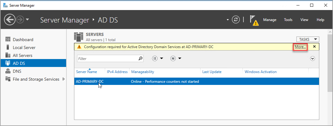 Screenshot di un messaggio sulla configurazione di un server DNS nel dashboard di Gestione server.