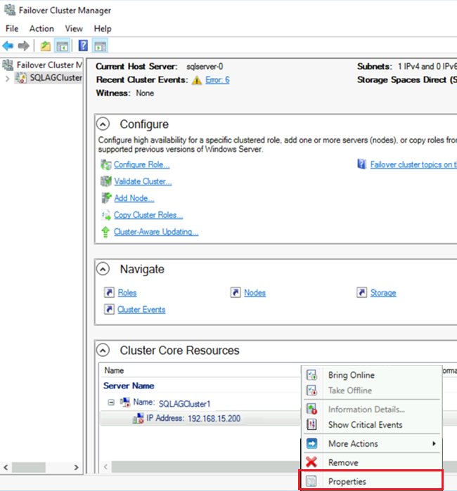 Screenshot di Gestione cluster di failover che mostra le selezioni per l'apertura delle proprietà per l'indirizzo IP.