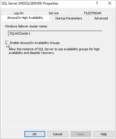 Screenshot delle selezioni per l'abilitazione dei gruppi di disponibilità Always On nelle proprietà di SQL Server.