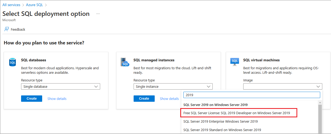 Screenshot del portale di Azure dell’opzione di distribuzione dell’immagine VM SQL.